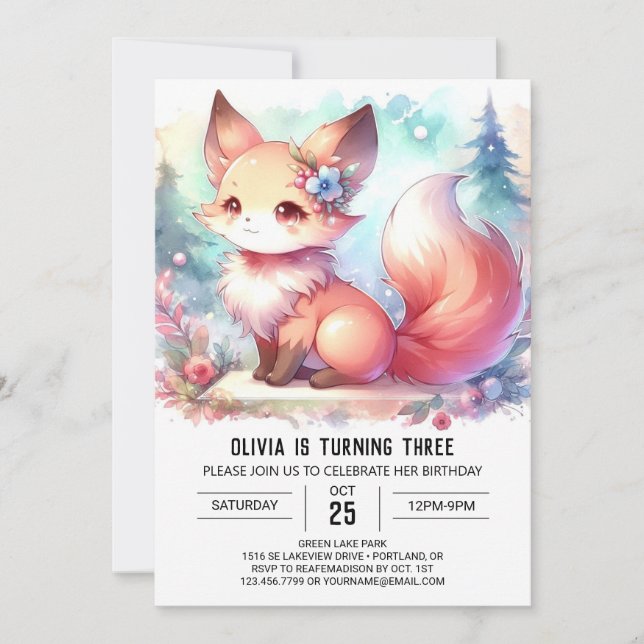 Fantasy Watercolor Fox Birthday digital Inbjudningar (Framsida)