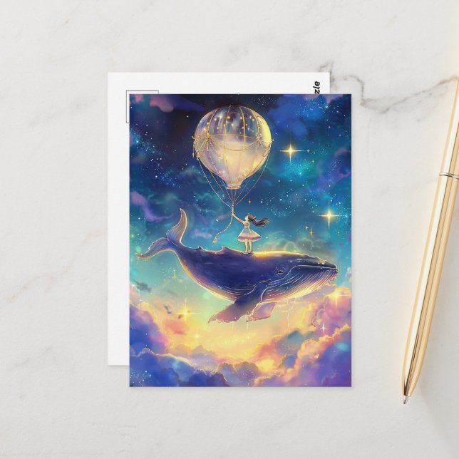 Fantasy Whale Ride in Clouds Vykort (Fram/Back In Situ)