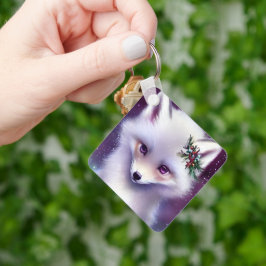 Fantasy White Baby Fox med Lavender Ögon Nyckelring