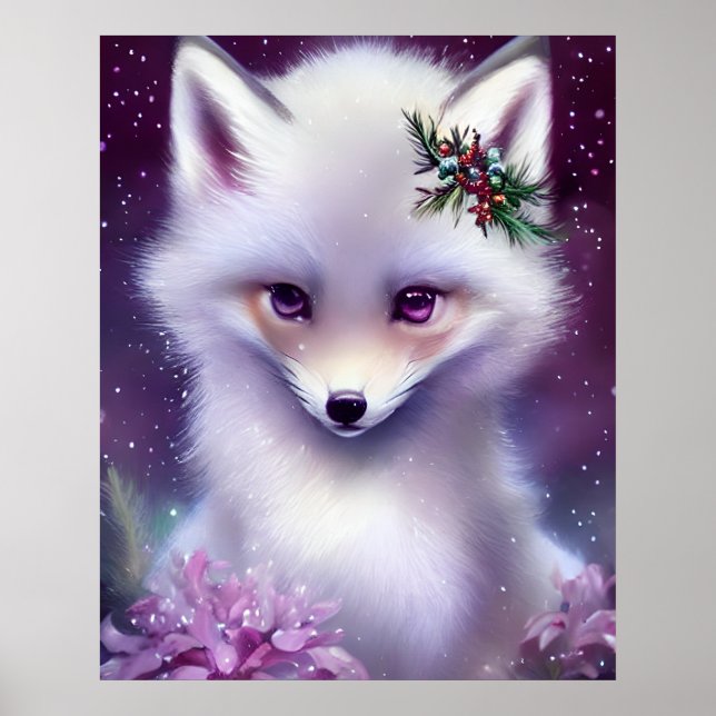 Fantasy White Baby Fox med Lavender Ögon Poster (Framsidan)