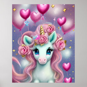 Fantasy White Baby Unicorn med rosa Hearts Poster