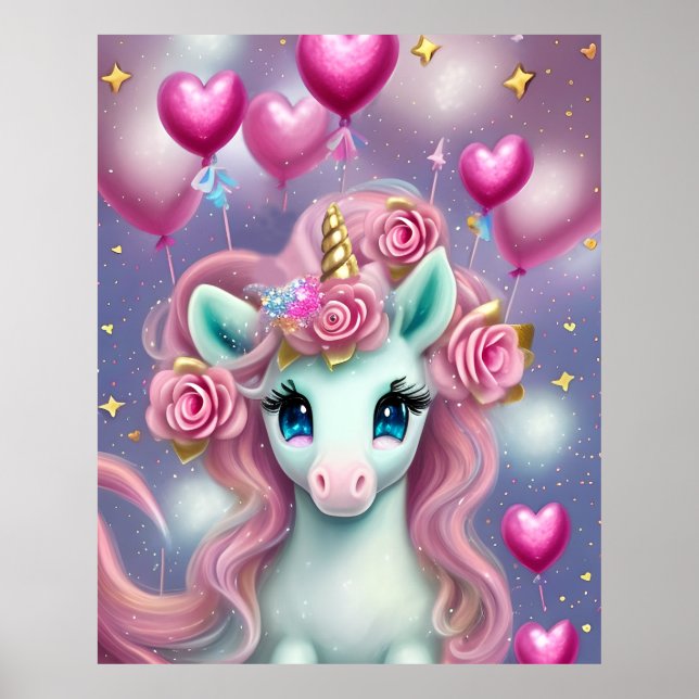 Fantasy White Baby Unicorn med rosa Hearts Poster (Framsidan)