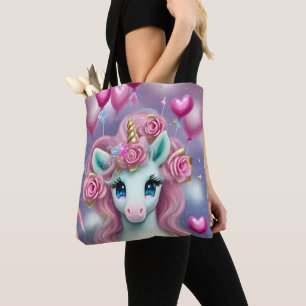 Fantasy White Baby Unicorn med rosa Hearts Tygkasse