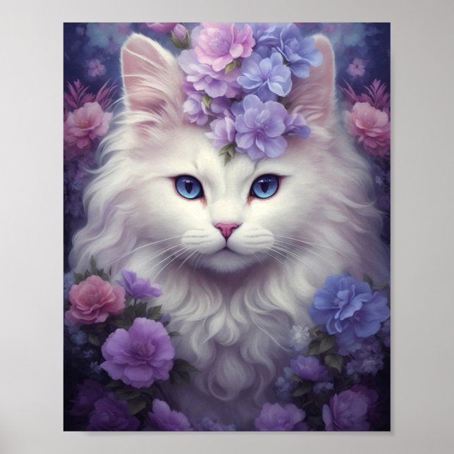 Fantasy White Cat with Flowers Poster (Framsidan)
