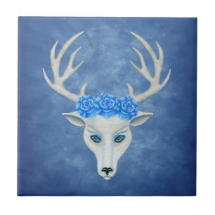 Fantasy White Head of a Hjort Antlers Ro Blue Kakelplatta