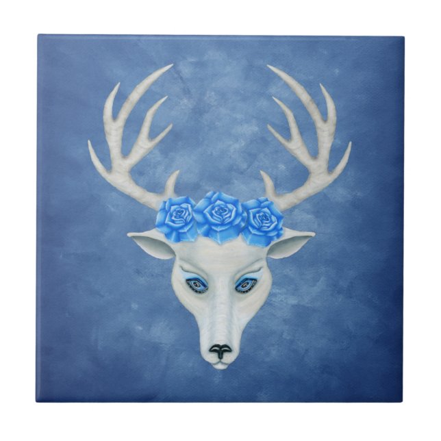 Fantasy White Head of a Hjort Antlers Ro Blue Kakelplatta (Framsidan)