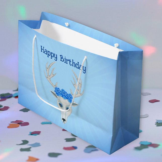 Fantasy White Hjort Head Antlers Ro Birthday (white fantasy deer head big antlers blue roses and eyes on light blue Happy Birthday gift bag.)