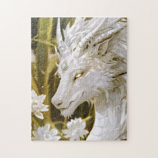 Fantasy White och Guld Dragon med Flowers Pussel (Vertikal)