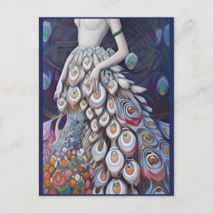 Fantasy White Peacock Bröllop Dress Illustration Vykort