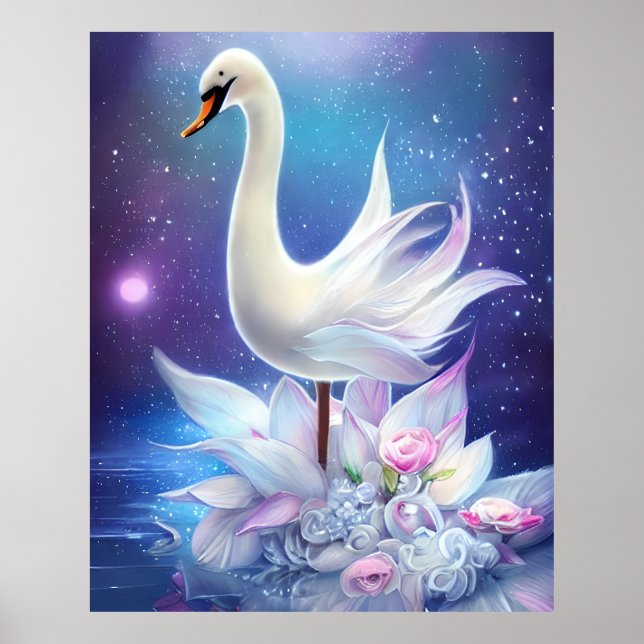 Fantasy White Svan med Flowers Poster (Framsidan)