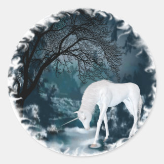 Fantasy White Unicorn in Forest Mythology Art Runt Klistermärke