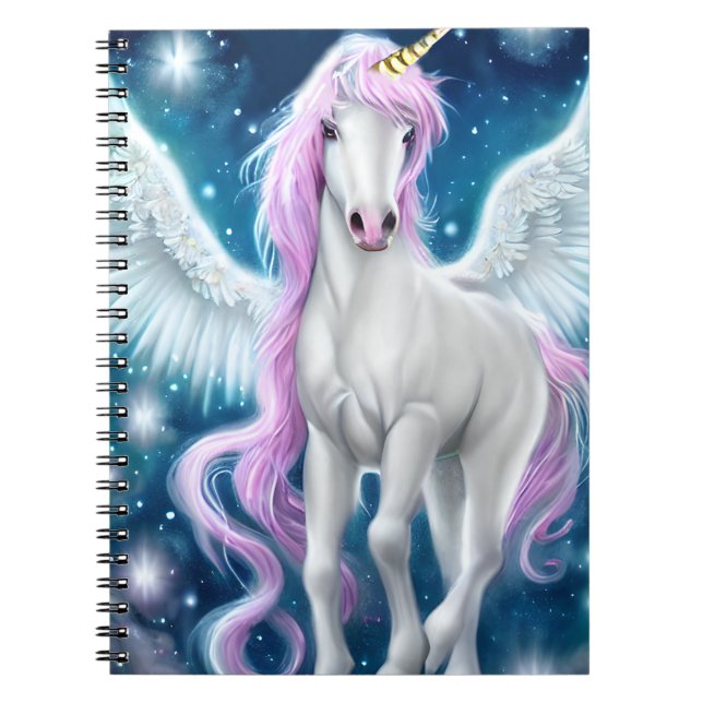 Fantasy Winged Unicorn med Rosa Hair Anteckningsbok (Framsidan)