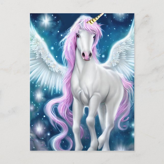 Fantasy Winged Unicorn med Rosa Hair Vykort (Framsida)