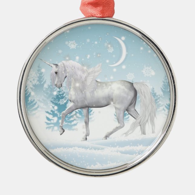 Fantasy Winter Pegasus Unicorn i Snö Julgransprydnad Metall (Framsidan)