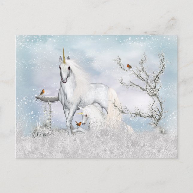 Fantasy Winter Unicorn and Foal Postcard Vykort (Framsida)