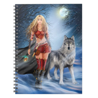 Fantasy Winter Woman Warrior Princess och varg Anteckningsbok