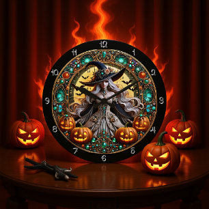 Fantasy Witch med Glowing Pumpkins Stor Klocka