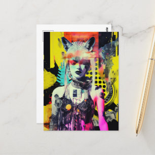 Fantasy Woman and Animals Colorful Collage Vykort