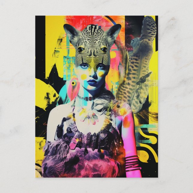 Fantasy Woman and Animals Colorful Collage Vykort (Framsida)
