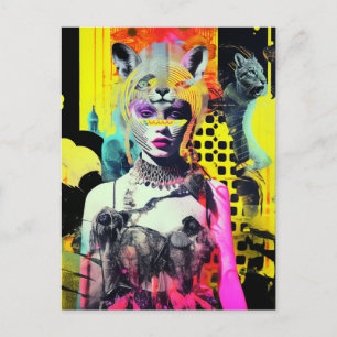 Fantasy Woman and Animals Colorful Collage Vykort