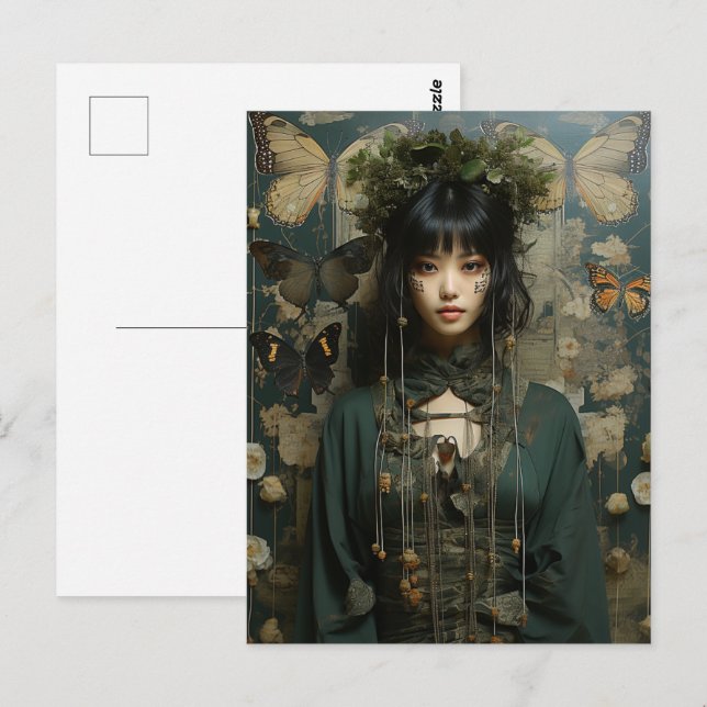 Fantasy Woman and Butterflies AI Art Vykort (Fram/baksida)