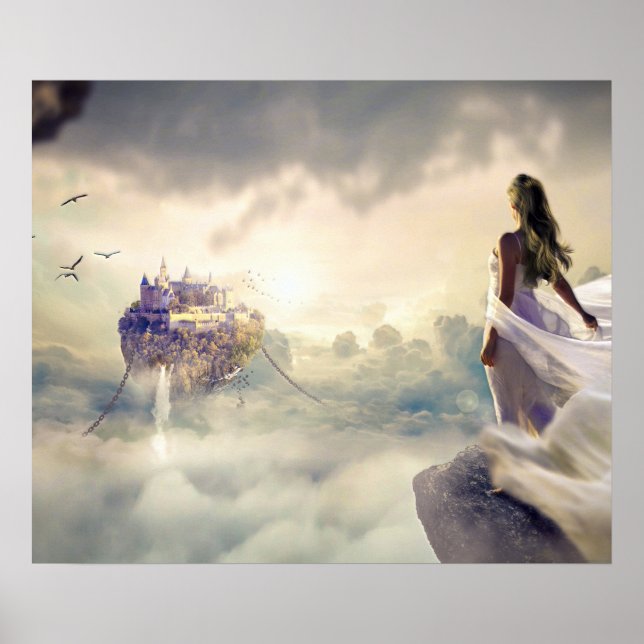 Fantasy Woman and Island Castle in Clouds Poster (Framsidan)