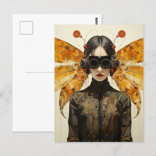 Fantasy Woman and Orange Insekt Vingar Scifi AI Ar Vykort
