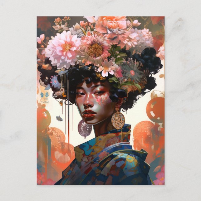 Fantasy Woman Female Blommor Vacker Art Vykort (Framsida)