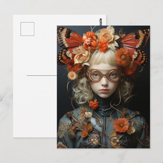 Fantasy Woman med Orange Butterflies Vykort (Fram/baksida)