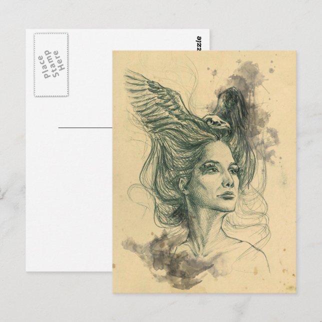 Fantasy Woman porträtt Bird Vingar Surreal Vykort (Fram/baksida)