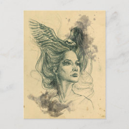 Fantasy Woman porträtt Bird Vingar Surreal Vykort