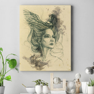 Fantasy Woman porträtt Fågel skalle Vingar Surreal Canvastryck