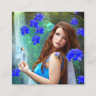 Fantasy Women Fairy Porträtt med Blåa blommor och Fyrkantigt Visitkort