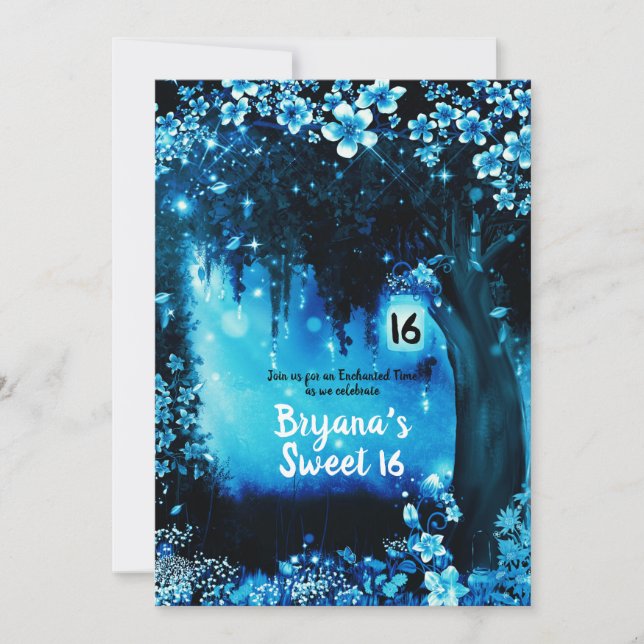 Fantasy Woodland Enchanted Blue Forest Sweet 16 Inbjudningar (Framsida)