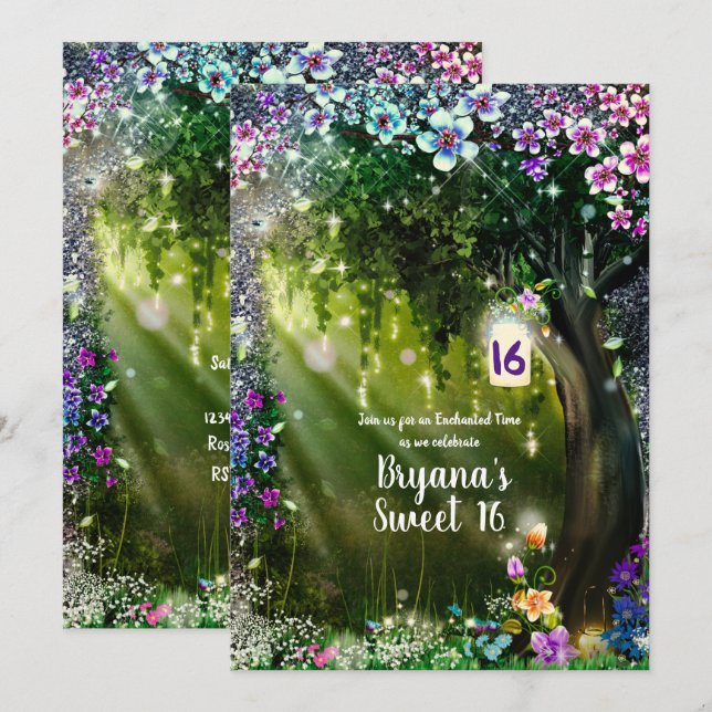Fantasy Woodland Enchanted Forest Flowers Sweet 16 Inbjudningar (Fram/baksida)
