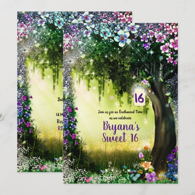 Fantasy Woodland Enchanted Glow Forest Sweet 16 Inbjudningar (Fram/baksida)