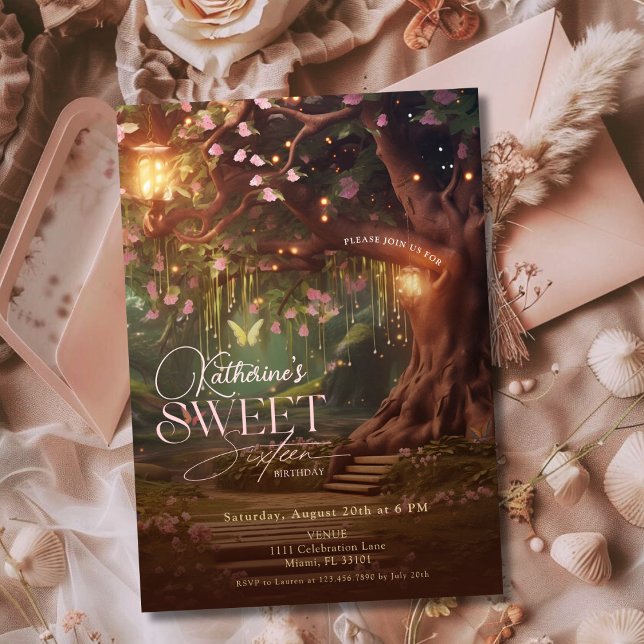 Fantasy Woodland Förtrollad Skog Lysande Sweet 16 Inbjudningar (Fantasy Woodland Enchanted Forest Glow Sweet 16 Invitation)