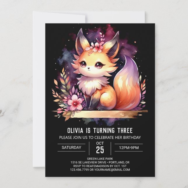 Fantasy Woodland Fox Birthday digital Inbjudningar (Framsida)