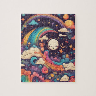 Fantasy World Colorful Magic Himlar with Cute Måne Pussel