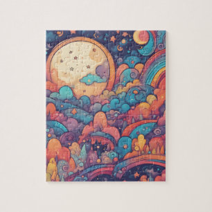Fantasy World Colorful Magic Himlar with Cute Måne Pussel