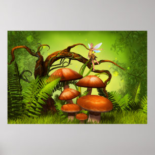 Fantasy World Forest, Large Mushroom and Fairy Poster