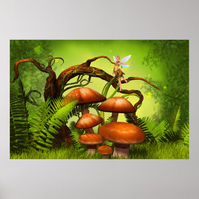 Fantasy World Forest, Large Mushroom and Fairy Poster (Framsidan)