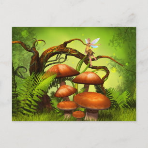 Fantasy World Forest, Large Mushroom and Fairy Vykort