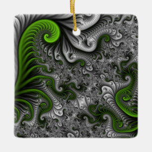 Fantasy World Grönt and Grått Abstrakt Fractal Art Julgransprydnad Keramik