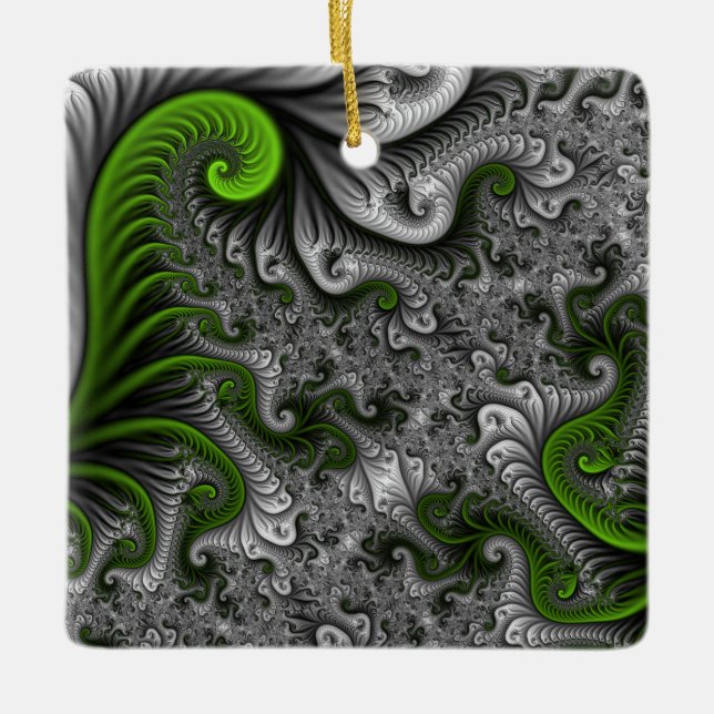 Fantasy World Grönt and Grått Abstrakt Fractal Art Julgransprydnad Keramik (Framsida)