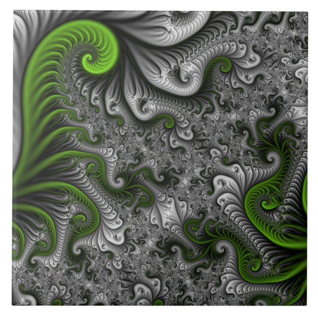 Fantasy World Grönt and Grått Abstrakt Fractal Art Kakelplatta (Framsidan)