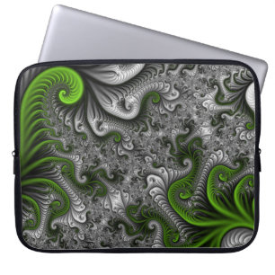 Fantasy World Grönt and Grått Abstrakt Fractal Art Laptop Fodral