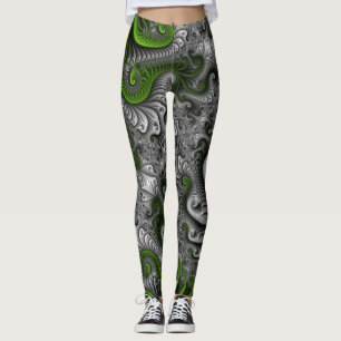 Fantasy World Grönt and Grått Abstrakt Fractal Art Leggings