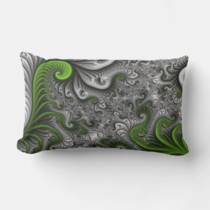 Fantasy World Grönt and Grått Abstrakt Fractal Art Lumbarkudde