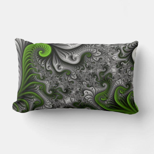 Fantasy World Grönt and Grått Abstrakt fractal Art Lumbarkudde (Framsida)